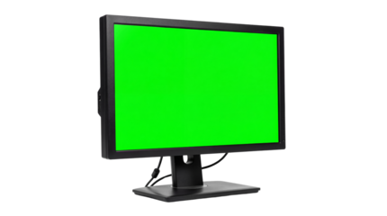 Professional computer display with bright green chroma key screen ready for custom content on transparent background