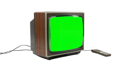 Vintage wood grain cathode ray tube television set with green screen and remote on transparent background