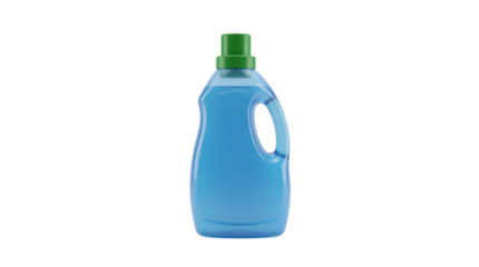Bright blue liquid laundry detergent bottle with a distinctive green screw-on cap on transparent background