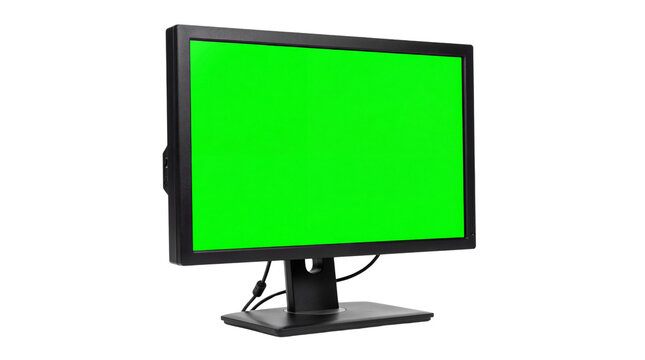 Professional computer display with bright green chroma key screen ready for custom content on transparent background