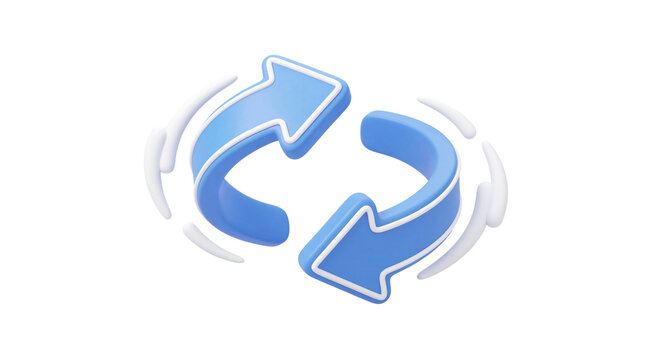 Three dimensional blue circular arrows icon signifying refresh or continuous loop process on transparent background