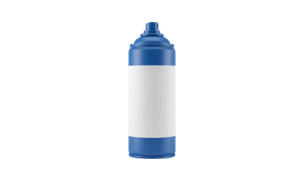 Realistic blue aerosol spray can with large central white label on transparent background