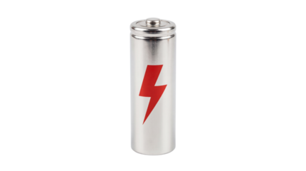 Silver cylindrical battery featuring a prominent red lightning bolt graphic on transparent background