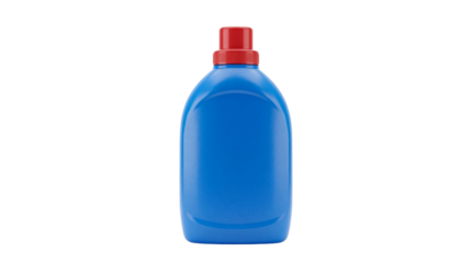 Bright blue plastic laundry detergent bottle with a prominent red measuring cap on transparent background