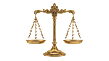 Antique brass balance scale featuring ornate craftsmanship symbolizes justice and equilibrium on transparent background