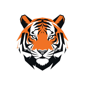 Geometric tiger head illustration with orange and black stripes, a fierce animal.