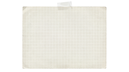 Aged, taped square piece of beige graph paper with subtle vintage texture on transparent background