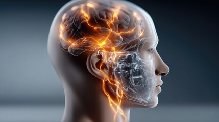 Human head transparent profile illuminated brain activity digital illustration