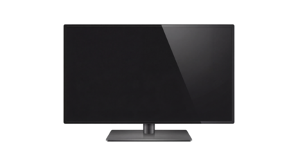 Sleek modern black desktop computer monitor displaying a dark screen on transparent background
