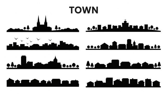 Set of modern town skylines with various buildings and trees