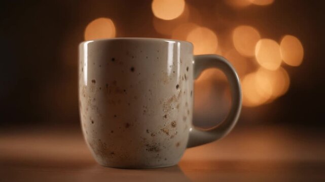 A cozy, speckled ceramic mug stands on a reflective surface, softly illuminated by warm, out-of-focus bokeh lights in the background.