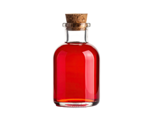 A small, clear glass bottle filled with a vibrant red liquid, sealed with a cork stopper (1)