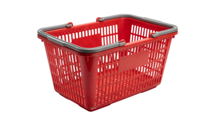 Bright red plastic shopping basket with grey ergonomic handles displayed on transparent background