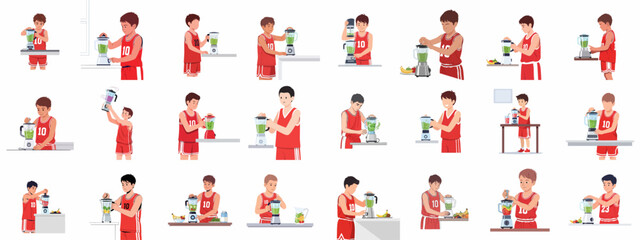 Young athlete in a basketball jersey prepares healthy smoothies and shakes using a blender, illustrating steps for sports nutrition, fitness, and active lifestyle.