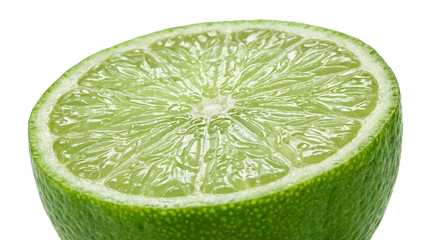 Close up of juicy, bright green lime half showing segments and rind texture on transparent background