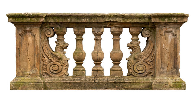 Weathered antique stone balustrade featuring intricately carved mythical griffins on transparent background