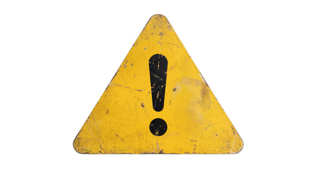 Grungy weathered yellow warning sign featuring a prominent black exclamation mark on transparent background