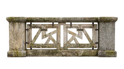 Weathered antique stone balustrade section with geometric railing design on transparent background