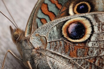 Gray Buckeye butterfly showcases striking eyespots in a museum setting highlighting intricate wing patterns and textures on a close-up view
