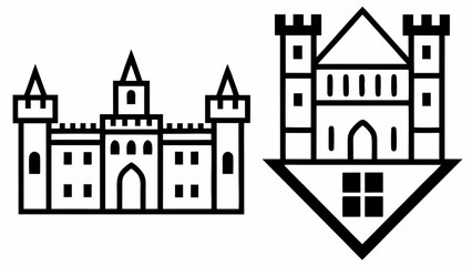 Fototapeta premium Medieval castles with towers and battlements in black outline
