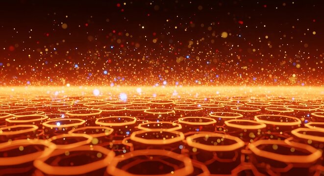 Abstract background of glowing orange rings forming a futuristic grid pattern with shimmering particles, representing technology and digital space - Powered by Adobe