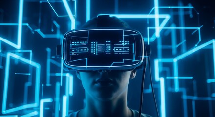 Closeup of a person wearing a vr headset, immersed in a digital world with glowing blue geometric lines and circuits