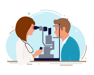 Laser vision correction. Female ophthalmologist performs eye surgery. Flat style.