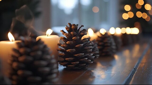 A cozy arrangement of pinecones and candles creating a warm atmosphere.