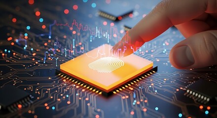 Closeup of a finger touching a glowing orange cpu processor on a complex circuit board, with abstract digital data streams and bokeh lights in the background