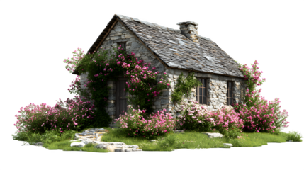 A quaint, stone-built farm cottage with a blooming rose garden, nestled in a rolling green landscape under a bright, cheerful sky, isolated on a Transparent background
