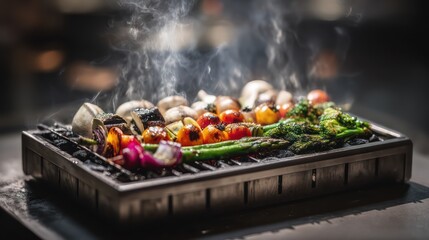 A rectangular flat barbecue grill with vegetables arranged in symmetry, embers glowing beneath, smoke creating faint atmospheric haze, metallic