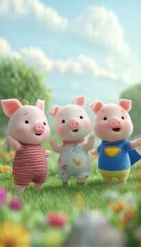 Tres cerditos adorables posan en un prado florido, uno vestido como Superman.
