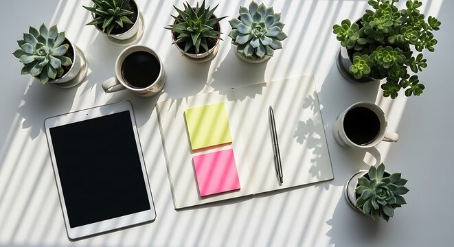 A bright overhead view of a desk with a tablet, notebook, pens, sticky notes, and potted succulents, creating a clean and organized workspace