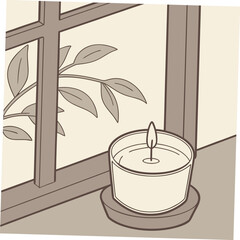 Obraz premium A softly lit candle burns peacefully on a windowsill framed by a window with a glimpse of green foliage outside