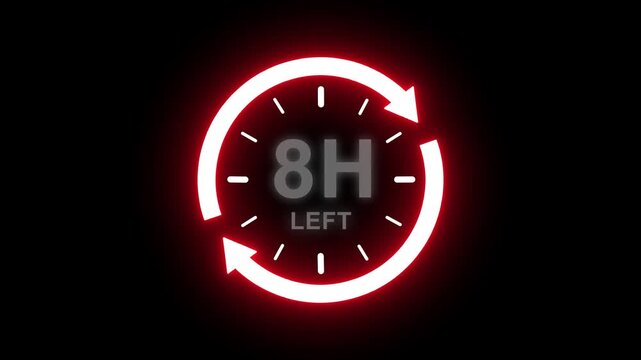 24 hours clock with circle arrow and the numbers 8 Hour left. video animation on alpha channel background, Clock timer, time passage waiting time animation. Clock icon.