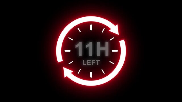 24 hours clock with circle arrow and the numbers 11 Hour left. video animation on alpha channel background, Clock timer, time passage waiting time animation. Clock icon.