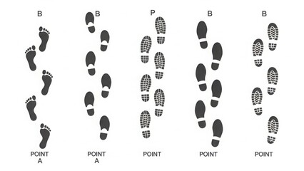 A diagram showing various footprints and tracks leading from point A to different destinations