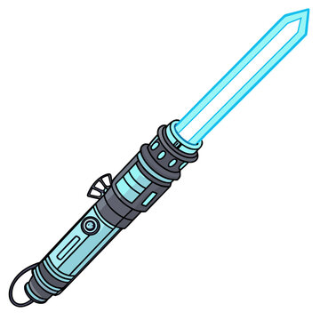 A brightly colored illustration depicts a futuristic lightsaber with a vibrant blue blade and detailed hilt design showcasing its power