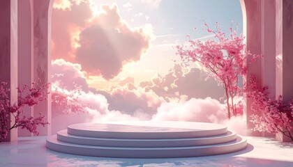 A serene stage nestled among fluffy clouds, framed by arches and blooming pink trees, lit by heavenly rays