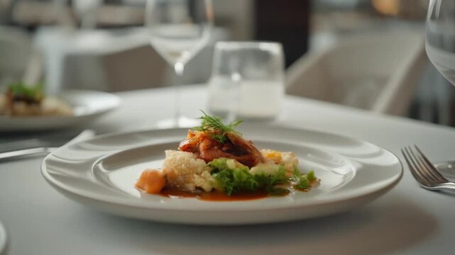 Gourmet Delights: An exquisite plate of culinary artistry graces a dining table, featuring meticulously arranged ingredients that promise a symphony of flavors and a feast for the eyes.