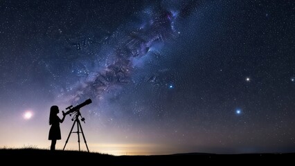 Silhouette of a young girl looking through a telescope at the milky way galaxy and stars from a grassy hill at night