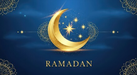 Golden crescent moon with stars and the word ramadan on a dark blue background with ornate patterns, symbolizing the islamic holy month