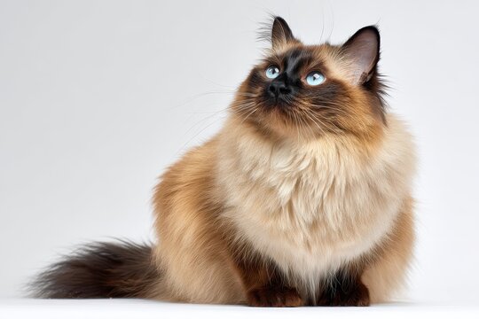 Birman cat sitting gracefully and gazing upward against a bright white background, showcasing its stunning blue eyes and fluffy coat