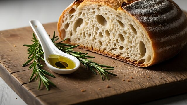 Rustic sourdough bread loaf with olive oil and rosemary on wooden board