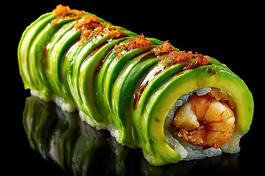 Un rollo de sushi con aguacate y gambas, presentado sobre un fondo negro.