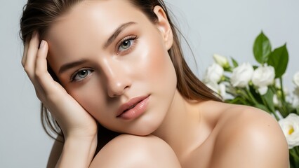 Beautiful Young Woman with Smooth Skin and Natural Makeup, Posed with Delicate White Flowers