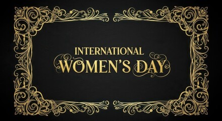 Elegant gold ornate frame on a black textured background, with the text international womens day in a golden, decorative font, celebrating women globally