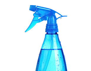 A close-up shot of a clear, bright blue spray bottle containing a transparent liquid