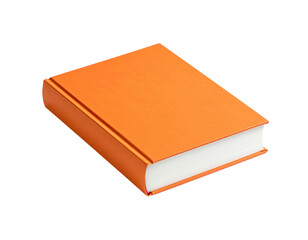 A singular hardcover book with an orange cover, laying flat against a black background