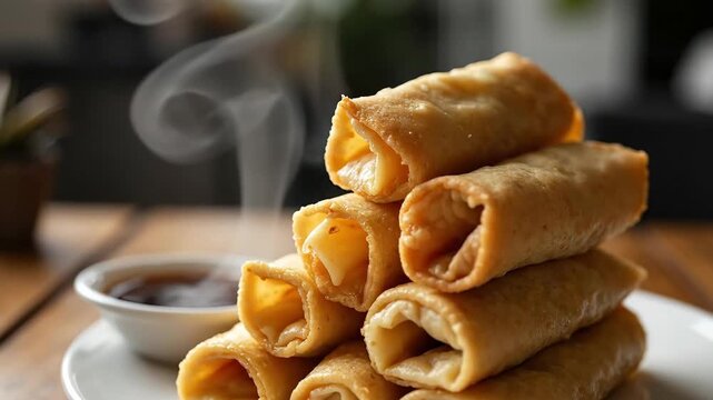 A tempting stack of hot spring rolls with a side of dipping sauce.